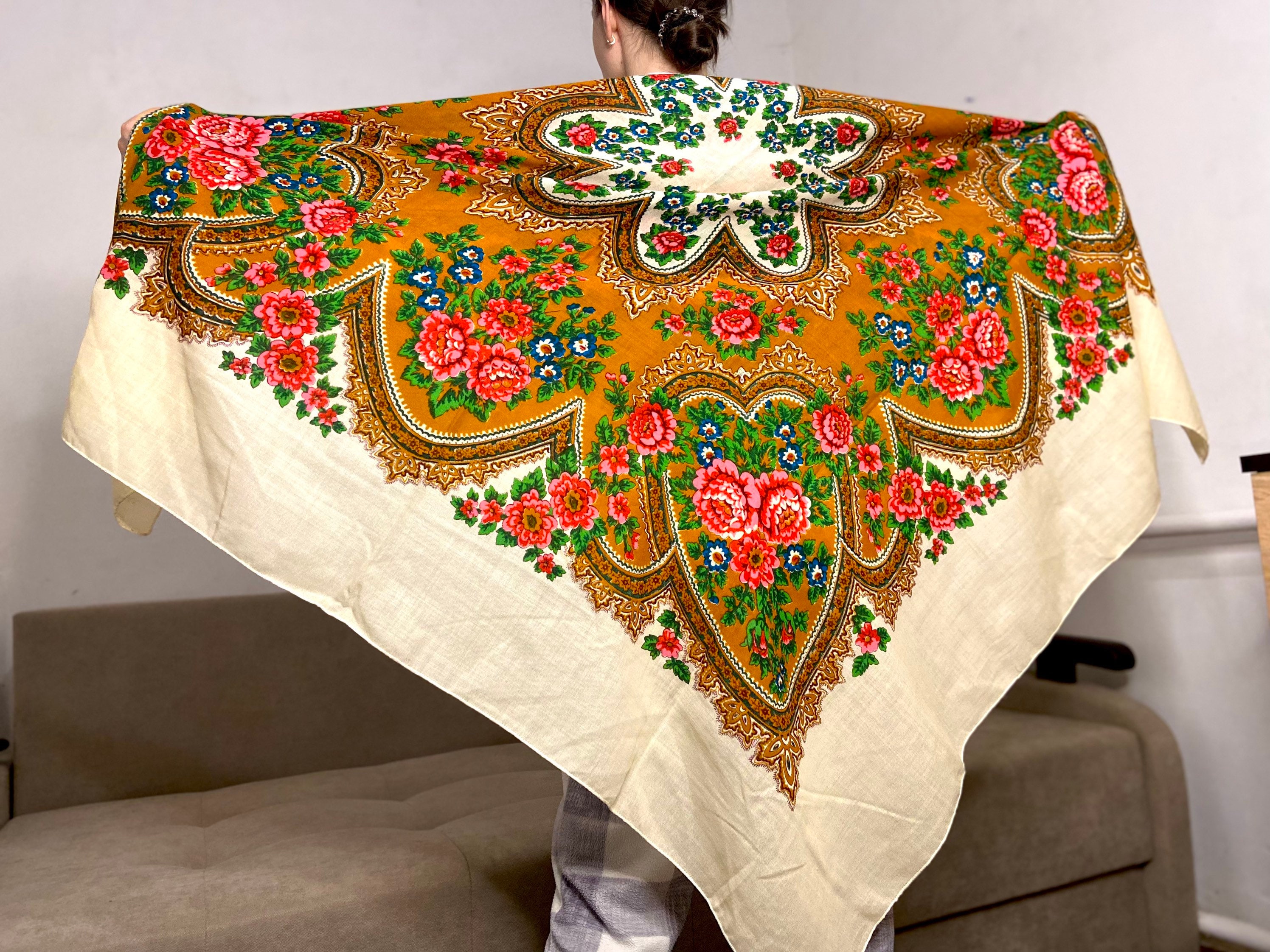 Large Wool Wedding Wrap, Oversized Ukrainian Folk Floral Scarf