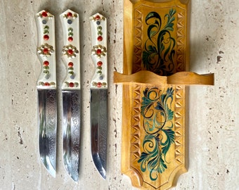 Set of kitchen knives on wooden stand in folk style, vintage Ukrainian knives, Soviet Slavic Russian set knives, USSR kitchen knife Ukraine