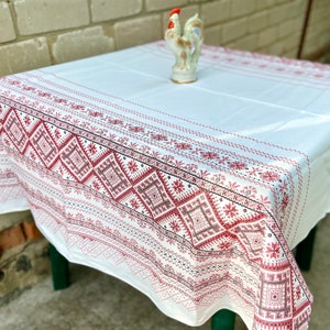 Easter Ukrainian white tablecloth, Ukraine folk ornament linens, Summer Slavic folk table decor, folk embroidered style square tablecloths