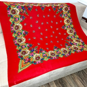 Polish big Boho floral red piano shawl, Japanese Folk pashmina square scarf, Vintage Ukrainian roses wool large shawl, Russian tablecloth