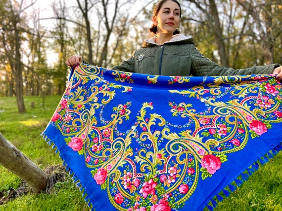 Woolen Polish Vintage blue traditional shawl - Ro… - image 1