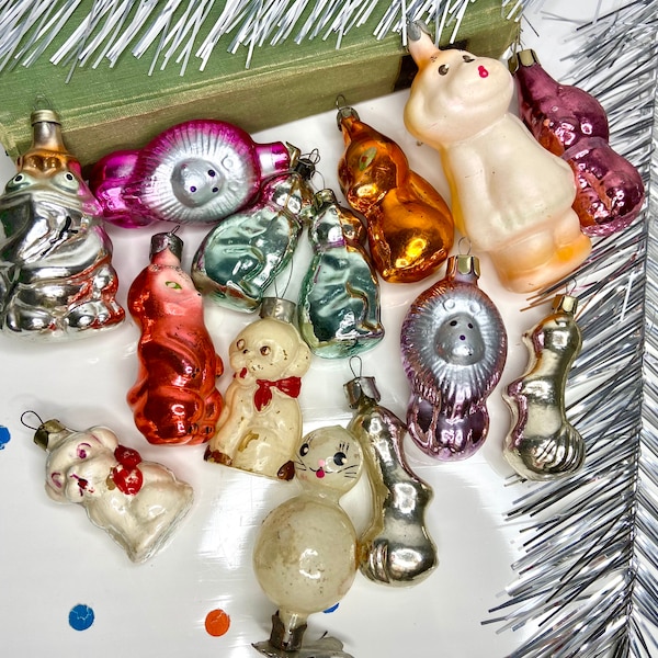 50s Soviet glass Christmas tree ornaments, animals mercury russian Xmas tree decor, Ukrainian mid-century decorations, dog, lion ornament