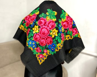 Bufanda de cabeza floral de mujeres ucranianas 100% lana, chal negro boho polaco vintage, chal ruso popular de la URSS, tela rumana, tienda ucraniana