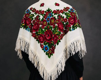 Wool Ukrainian fringed shawl, Vintage romanian ivory shawl, Boho Russian floral scarf, Babushka festival wedding shawl, winter headscarf