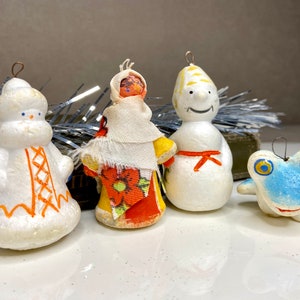 50s foam plastic Christmas ornaments, Retro shatterproof antique Xmas tree toy, snowman girl winter USSR home decorations, russian ornaments