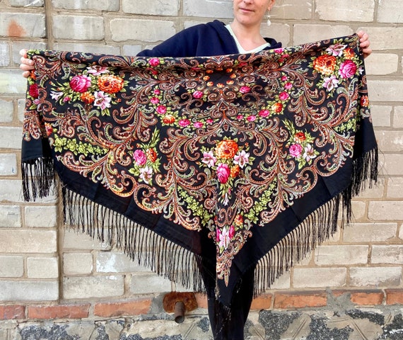 Ukrainian big Black piano shawl - Russian floral … - image 1