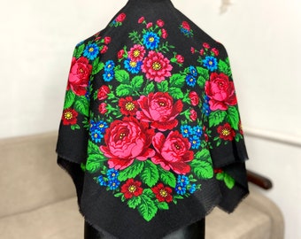 Châle noir folk ukrainien vintage 100 % laine, foulard babouchka, bandana pologne gitane, châle carré russe bufanda mexicana