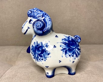 80s BIG Vintage Soviet Gzhel figurine, Blue and white porcelain sheep, handcrafted gzhel ceramics, russian hand painted ceramics, Ukraine