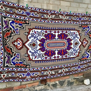 60s LARGE Ukrainian folk blue and red vintage carpet, Big Boho cotton embroidered tapestry rug, antique wall carpet, Tribal hall tapestry