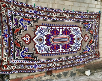 60s LARGE Ukrainian folk embroidery vintage carpet, Boho cotton embroidered tapestry rug, antique wall carpet, Tribal kilim hall tapestry