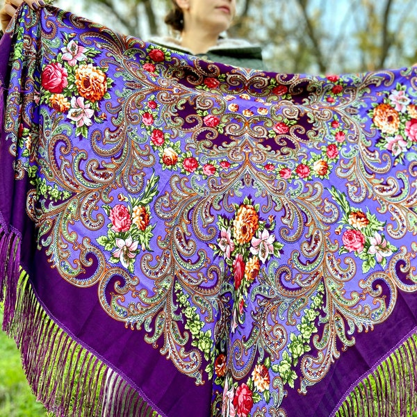Ukrainian Large piano purple shawl - Ukraine big Vintage folk scarf - bohemian shawl wrap Gift for mom