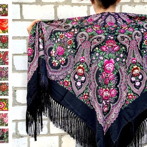 Ukrainian Black piano shawl, Russian floral wool scarf, folk fringed kokum scarf, Ukraina Gift for mom, woman christmas gift