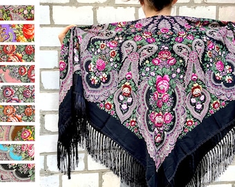 Ukrainian Black piano shawl, Russian floral wool scarf, folk fringed kokum scarf, Ukraina Gift for mom, woman christmas gift