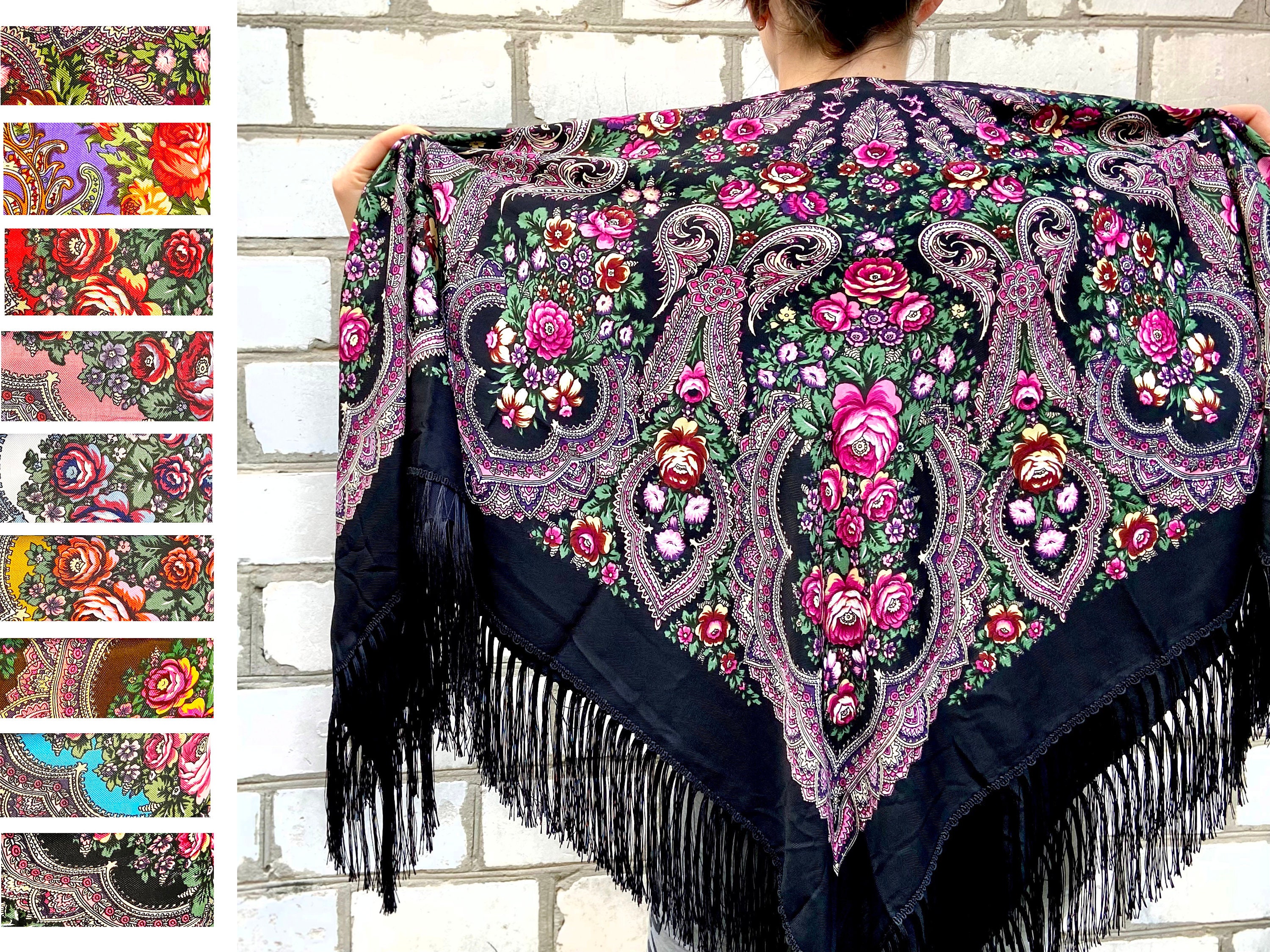 Ukrainian Black Piano Shawl, Russian Floral Wool Scarf, Folk
