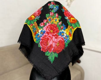 Folk Vintage black Ukrainian bandana, boho black Russian Floral headscarf, Babushka romanian shawls and wraps, Slavic retro fabric