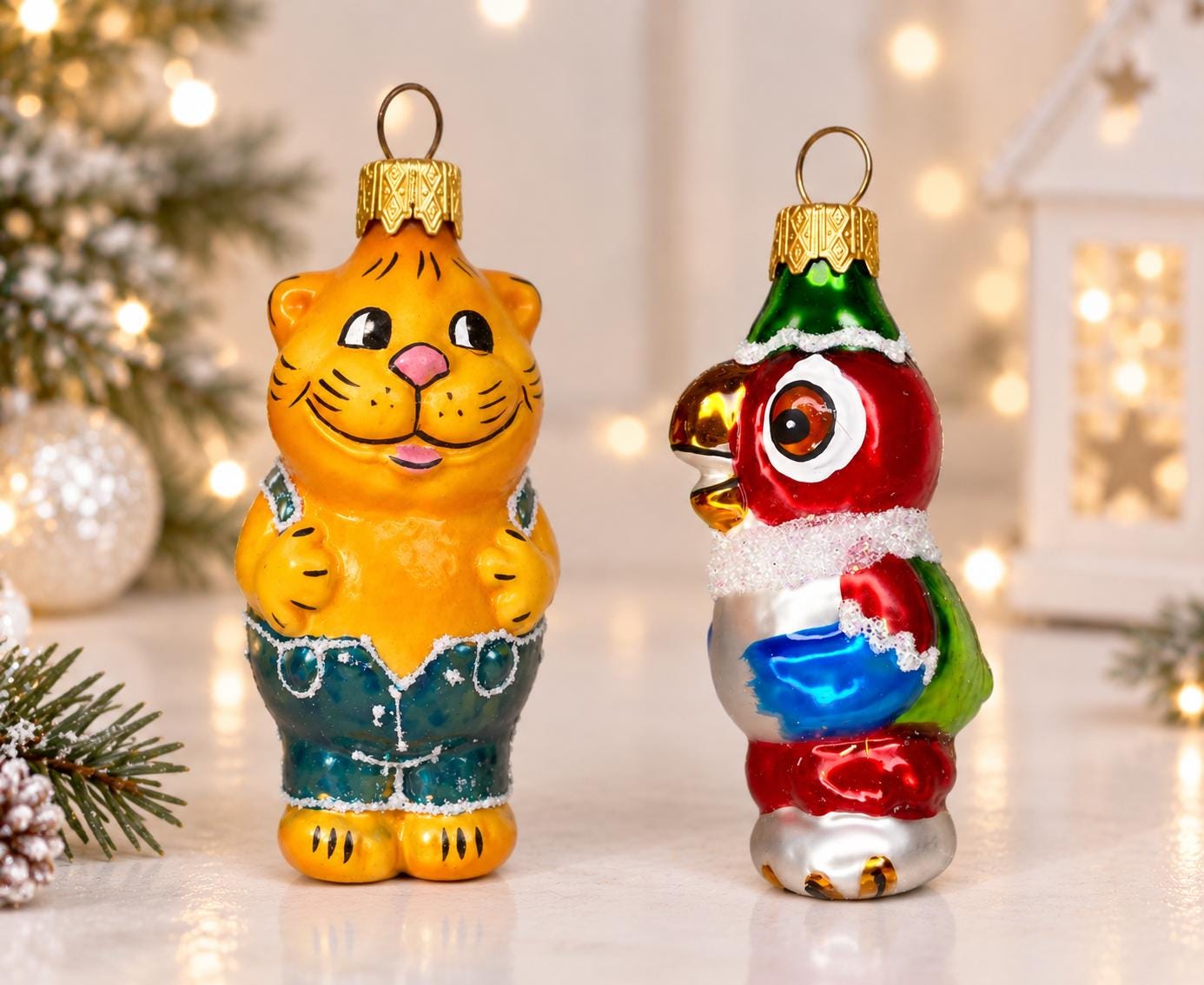 Parrot Kesha and Orange Cat Soviet Christmas Ornaments, Ukrainian
