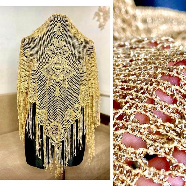 Gold Lurex Vintage Ukrainian light lace Flamenco Cover Up, Bridal summer shawl fringed, triangle gypsy kerchief, boho festival scarf