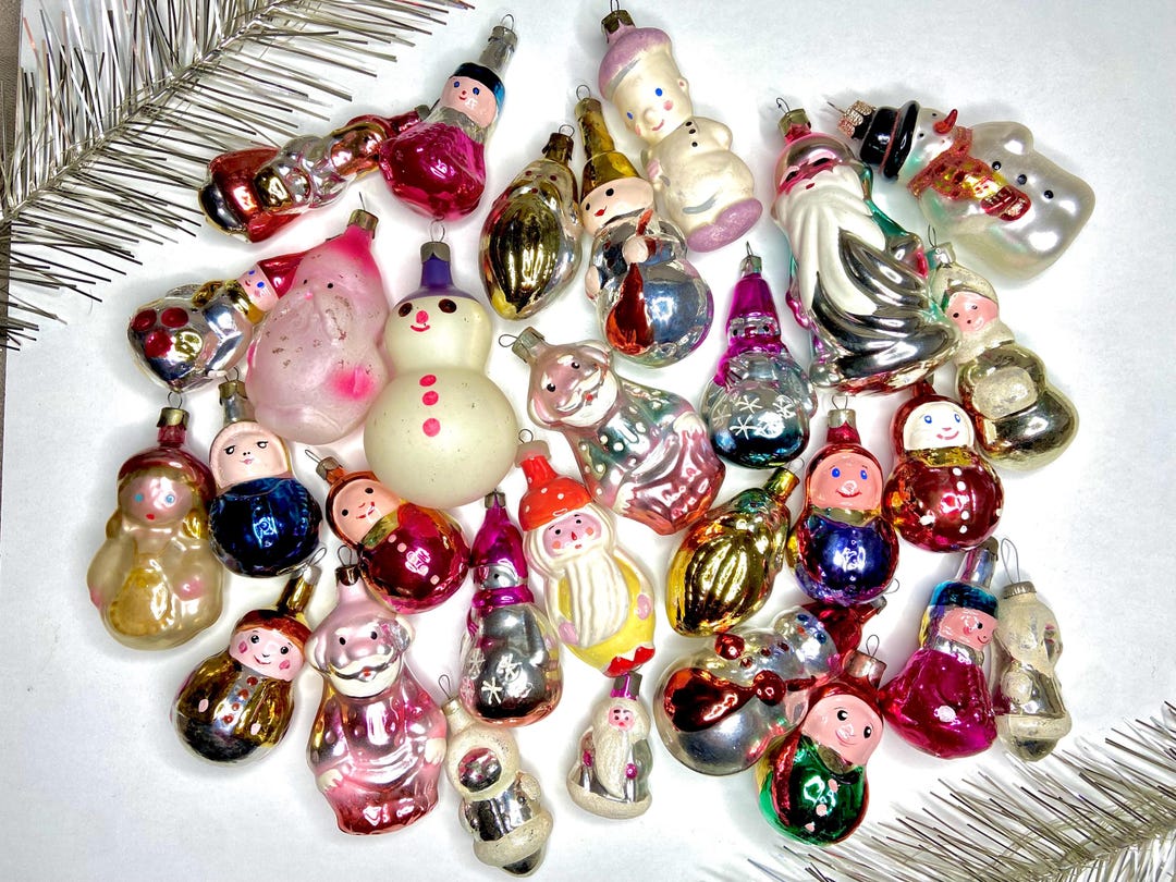 70s Soviet Vintage Mercury Christmas Ornaments, Snow Maiden Santa
