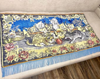 Italian vintage Tapestry wall rug with cats, russian rugs with fringe, Soviet plush carpet