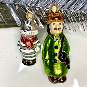 Postman Pechkkin and cat Matroskin Ukrainian Christmas tree ornaments, hand-painted Russian cartoon Prostokvashino, Ukraine ornament
