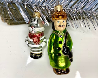 Postman Pechkkin and cat Matroskin Ukrainian Christmas tree ornaments, hand-painted Russian cartoon Prostokvashino, Ukraine ornament