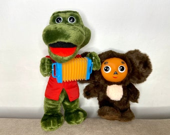 Musical Crocodile Gena doll and Cheburashka, Russian Vintage cheburashka plush toy 80s, collectible Soviet cartoon characters, made in USSR