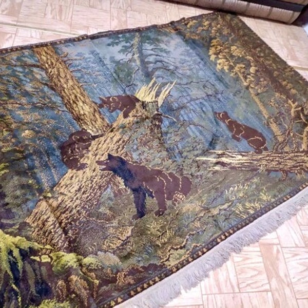 Grande tapisserie murale en laine vintage des années 50 avec trois ours de conte de fées, tapis allemand soviétique, tapisserie chichkine, tapisserie russe rare