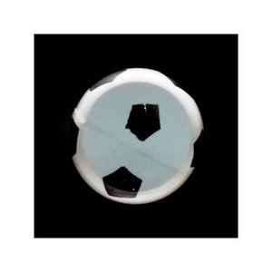 May include: A white and black soccer ball with a blue and white pattern. The ball is on a black background.