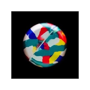 May include: A colorful, round, bouncy ball with a swirling pattern of blue, red, yellow, white, and green paint.