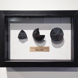 May include: Three black Super-Ball toys in a glass display case with a white background. The label reads "Hypersphera primogenitor Super-Ball".
