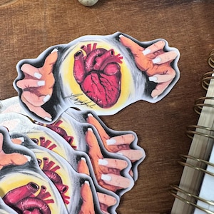 Heart sticker, Grungy heart sticker, hands holding heart, mystical sticker, journaling, laptop sticker, gift, scrapbooking, Gothic sticker