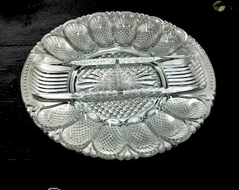 L.E. Smith Vintage Clear Cut Glass Deviled Egg Plate & Relish Platter Tray 11”