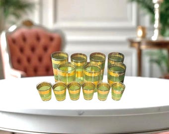 Culver/Starlyte 22K Gold Bands Green 7 Highball/6 Shot Glasses Raised Letters