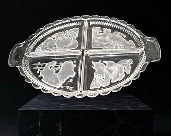 Vtg Intaglio Oval Divided Relish Tray Clear Glass Seafood Harvest Motif Dish