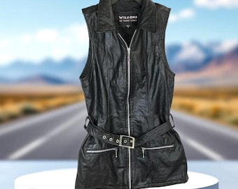 Wilsons Vintage Leather Black/Silver Zip Pockets Longline Vest Dress w Belt Wm M