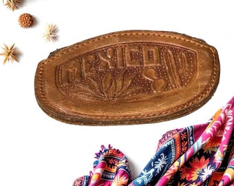 Vintage Mexican Hand Tooled Leather Coin Purse Ziip Change Pouch Aztec Calendar