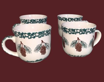 4 Vintage Fold Craft Tienshan Pine Cone Mugs Coffee Cups Stoneware