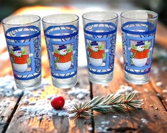 4 KIG Indonesia Vintage Winter Snowman/Scrolls Design Drinking Glasses 6” Tall