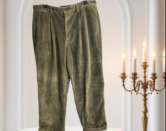 Tommy Hilfiger Olive Green Khaki Corduroy Pants Straight Leg Cuff Hem Men 36x30