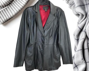 George Vintage Black Leather Red Satiny Lined Blazer Style Jacket Women Lg 12-14