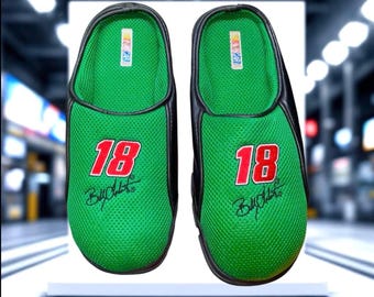 Vintage Bobby Labonte #18 NASCAR Green Mesh w Black & Red Houseslippers Men 11