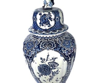 Royal Boch Belgium Delft Blue White Lidded Ginger Jar Foo Dog Finial Vase 18”