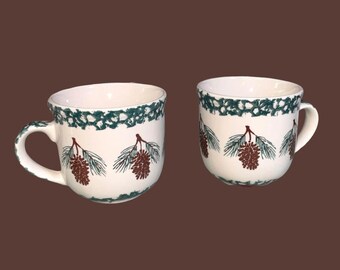 2 Vintage Folk Craft Tienshan Pine Cone Mugs Cups Stoneware
