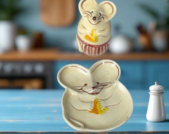 N.S. Guston Vintage Smiling Mouse Parmesan Cheese Shaker/Mouse-Shaped Snack Tray