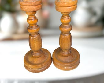 Vintage 60s or 70s Pair of Heavy Turned Wood Oak or Walnut Candlestick Holders