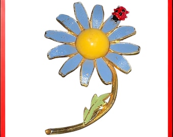 Vintage Rare Signed WEISS Blue Enamel Daisy Flower Ladybug Brooch Pin