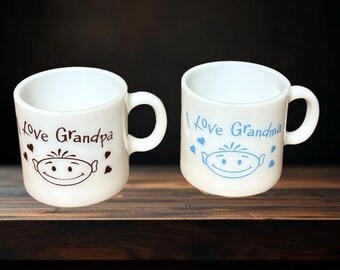 2 Hazel Atlas Vintage White Milk Glass I Love Grandma Grandpa Happy Face Mugs