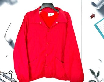 K-Brand Vintage Red Snap Fluffy Faux Fur-Lined Coach Jacket Windbreaker Men XL