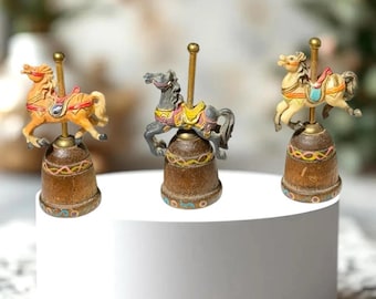 Enesco 3 Vintage Decorative Wooden and Resin Carousel Horse Thimbles