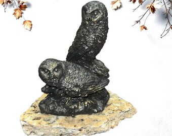 Vintage Pair of Owls Sclupture on Natural Stone Base Bronze Tone Wildlife Figure